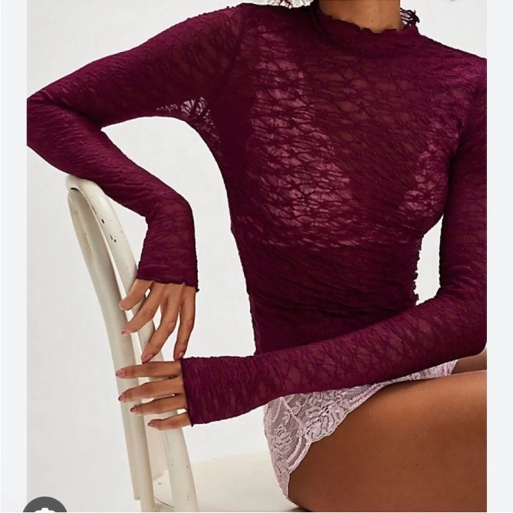 Free People From The Start Lace Textured Long Sleeve Layering Top in Burgundy